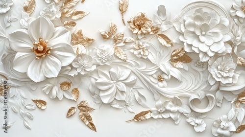 Intricate white and gold botanical arrangement with sculpted flowers, metallic leaves, and delicate swirling patterns in high detail.