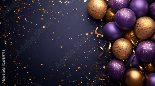 Purple and gold balloons forming a border with confetti on dark background