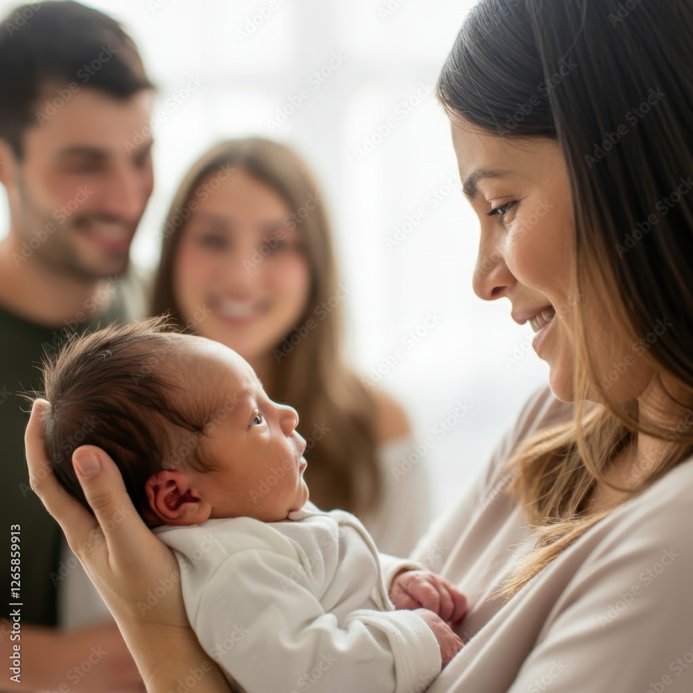 Hispanic family with baby: joyful moment with young mother holding newborn Hispanic family with baby: joyful moment with young mother holding newborn