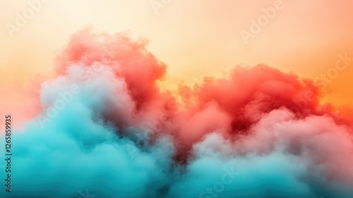Image captures colorful smoky clouds in red, orange, and teal hues blending artistically against an orange gradient background, creating an abstract visual spectacle.
