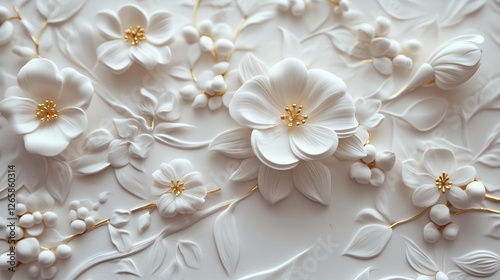 Lustrous floral fantasy with radiant ivory blossoms, polished golden details, and intricate botanical swirls.