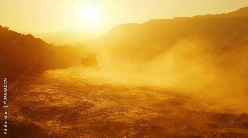 Fototapeta premium Dusty terrain with heavy equipment under a bright sunlight atmosphere