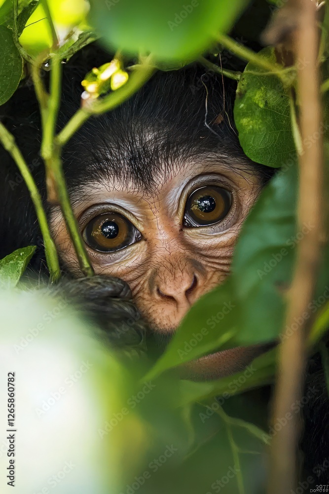 Obraz premium Monkey peeking through jungle vines