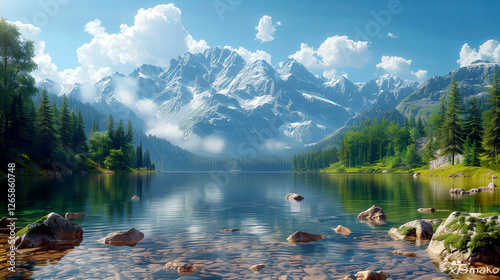 Fototapeta Naklejka Na Ścianę i Meble -  Górskie jezioro odbicie zielony las i pochmurny krajobraz błękitnego nieba