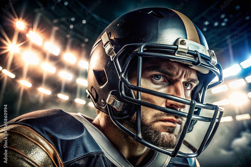 Intense American Football Player, Side View, Panoramic, Night Game, Black Eye Paint Intense American Football Player, Side View, Panoramic, Night Game, Black Eye Paint