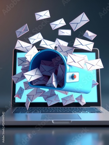 Digital mailbox overflowing with emails - laptop screen with 3d animated envelopes - abstract digital background animation email business marketing communication email mail technology digital online m