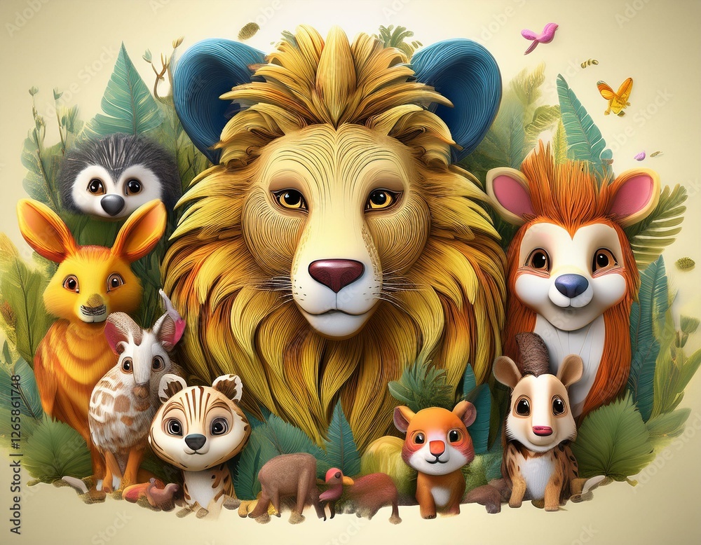 Fototapeta premium Colorido dibujo de dibujos animados con animales del bosque lindos y caras soleadas en un fondo ligero