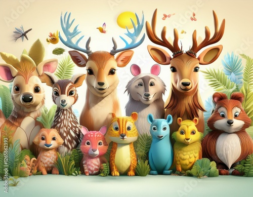 Wallpaper Mural Colorido dibujo de dibujos animados con animales del bosque lindos y caras soleadas en un fondo ligero Torontodigital.ca