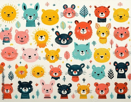 Colorido dibujo de dibujos animados con animales del bosque lindos y caras soleadas en un fondo ligero
