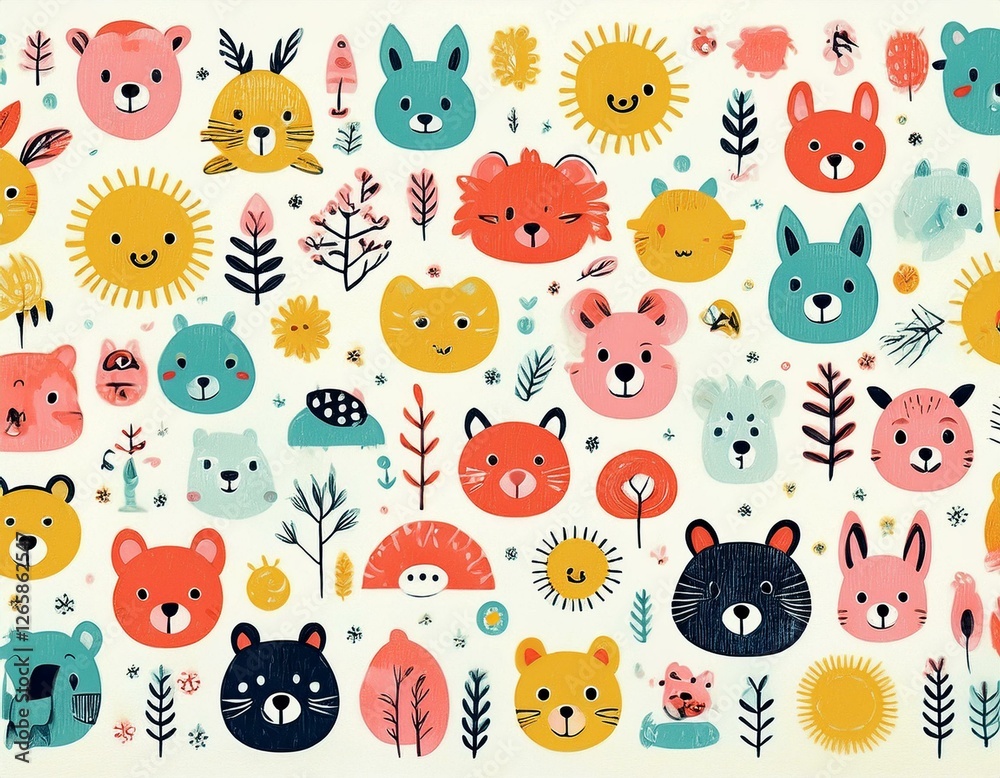 Obraz premium Colorido dibujo de dibujos animados con animales del bosque lindos y caras soleadas en un fondo ligero