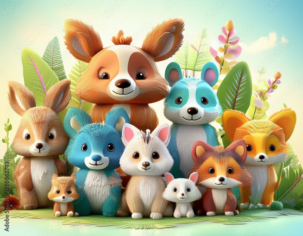 Naklejka premium Colorido dibujo de dibujos animados con animales del bosque lindos y caras soleadas en un fondo ligero