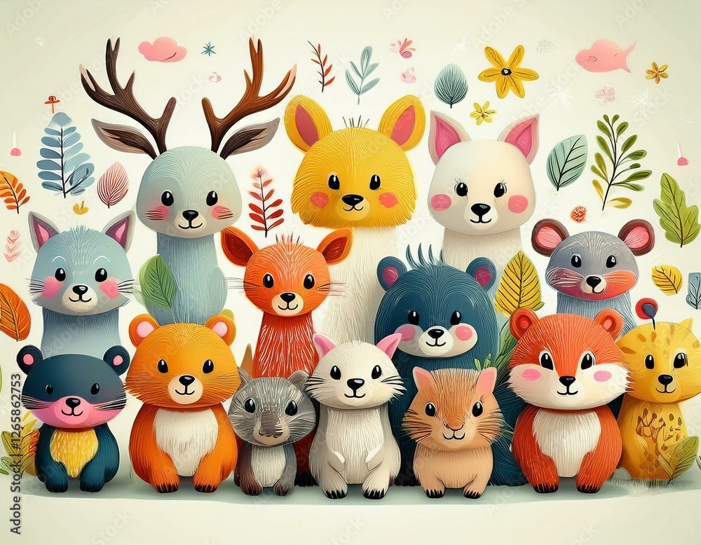 Naklejka premium Colorido dibujo de dibujos animados con animales del bosque lindos y caras soleadas en un fondo ligero
