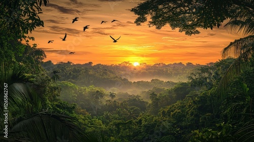 Sunset over the jungle with birds flying
