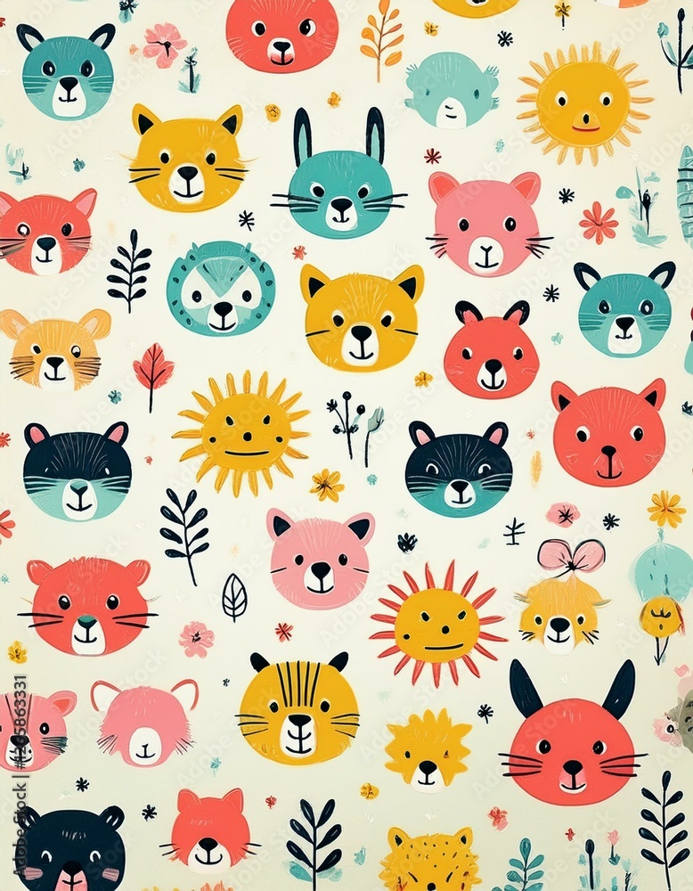 Obraz premium Colorido dibujo de dibujos animados con animales del bosque lindos y caras soleadas en un fondo ligero