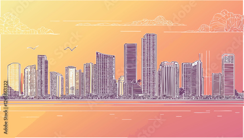 Vibrant Miami Cityscape in Simple Lines .eps