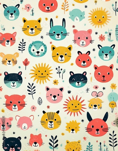Colorido dibujo de dibujos animados con animales del bosque lindos y caras soleadas en un fondo ligero