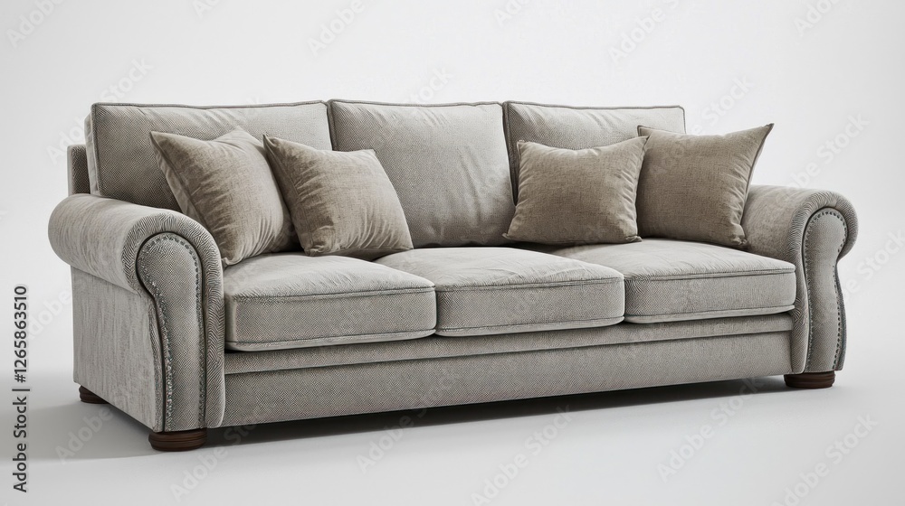 Fototapeta premium Light gray sofa with beige pillows in a studio setting