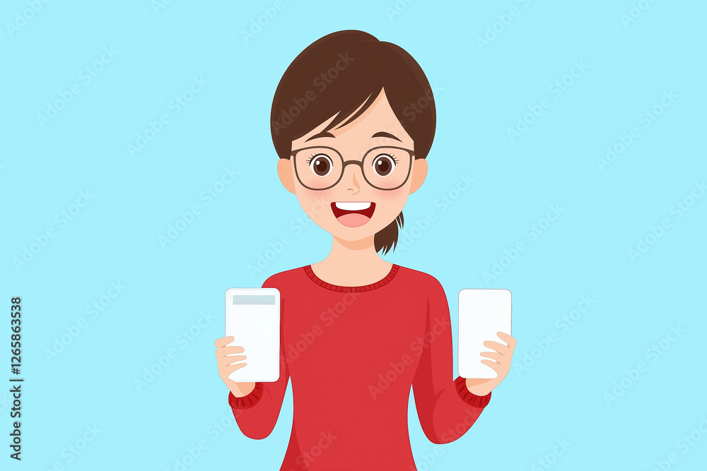 Young girl happily comparing two smartphones in a bright blue background Young girl happily comparing two smartphones in a bright blue background