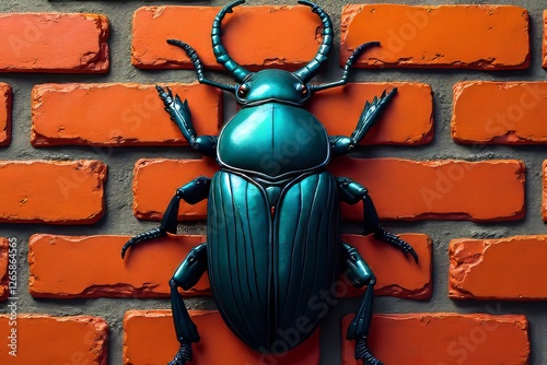 Teal Beetle on Orange Brick Wall - Detailed Insect Close Up