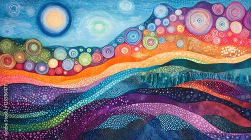 Symbolic dot-artwork where the elements of nature--earth, sky, water--flow together through a series of hypnotic, circular patterns.