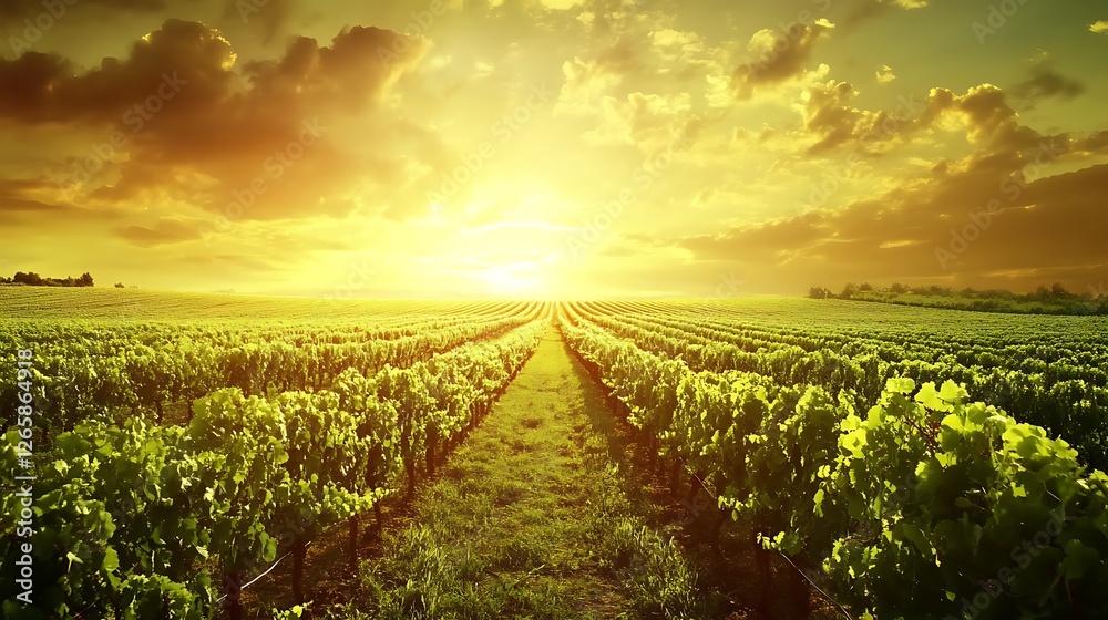 Naklejka premium Vineyard Rows at Sunset Golden Hour Landscape
