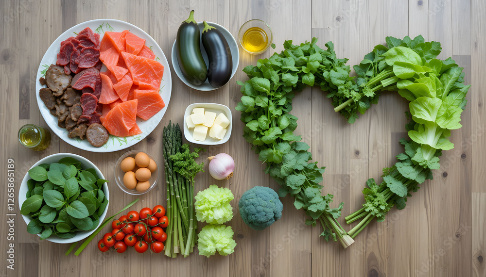 Fresh Ingredients Arrangement with Salmon, Red Meat, and Vegetables - Wooden Surface - Culinary Photography Fresh Ingredients Arrangement with Salmon, Red Meat, and Vegetables - Wooden Surface - Culinary Photography