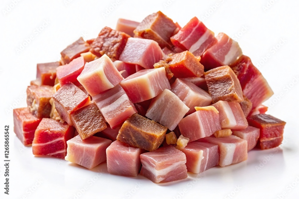 Italian Pancetta, Bacon, & Smoked Ham Cubes Isolated on White Background - Perfect for Recipes & Food Blogs Italian Pancetta, Bacon, & Smoked Ham Cubes Isolated on White Background - Perfect for Recipes & Food Blogs