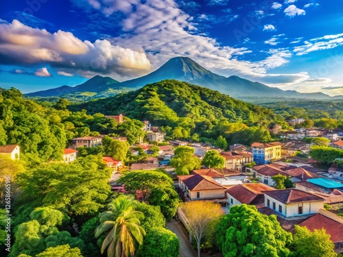 Juayua, El Salvador: Breathtaking Blue Sky Over Majestic Mountain Range and Lush Green Trees - Bokeh Effect Stock Photo photo