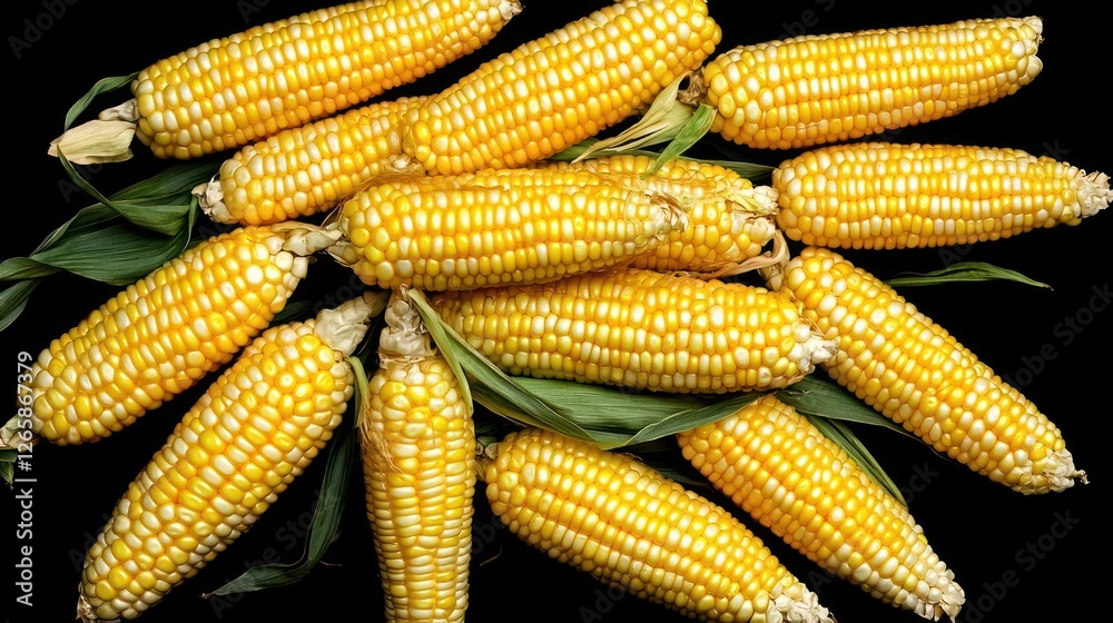 Fresh Yellow Corn On The Cob With Green Leaves On Black Background Fresh Yellow Corn On The Cob With Green Leaves On Black Background