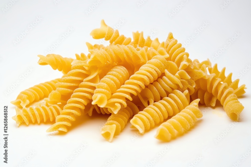 A mound of uncooked pasta spirals. A mound of uncooked pasta spirals.