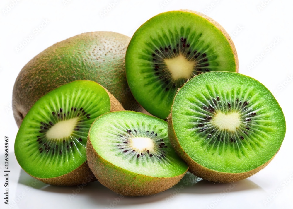 Juicy Kiwi Fruit Slices and Whole Fruits Isolated on White Background - Fresh Summer Produce Stock Photo Juicy Kiwi Fruit Slices and Whole Fruits Isolated on White Background - Fresh Summer Produce Stock Photo