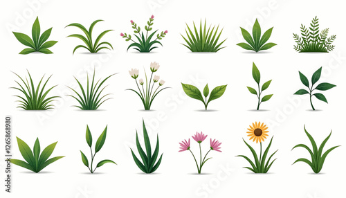 Seamless floral pattern with flowers, leaves, and grass in a natural design