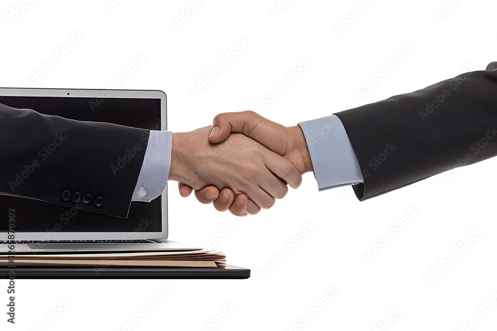 Confident handshake between senior executives, with laptops and files in the frame. Confident handshake between senior executives, with laptops and files in the frame.
