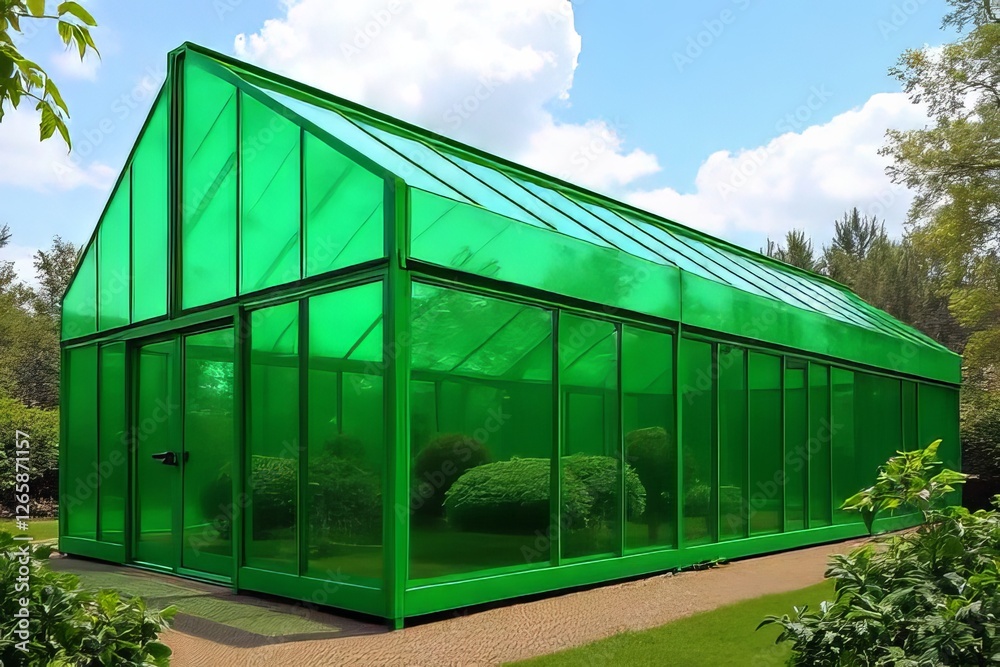 Fototapeta premium Vibrant Green Conservatory Structure in a Garden Setting