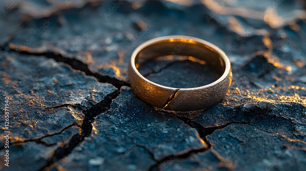 Broken wedding ring rests on a cracked surface, highlighting lost love and separation. Generative AI. Broken wedding ring rests on a cracked surface, highlighting lost love and separation. Generative AI.