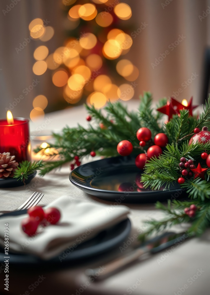 This image captures a beautifully arranged holiday table setting featuring a black plate surrounded by vibrant greenery and festive red accents set against a dreamy bokeh background of twinkling light This image captures a beautifully arranged holiday table setting featuring a black plate surrounded by vibrant greenery and festive red accents set against a dreamy bokeh background of twinkling light