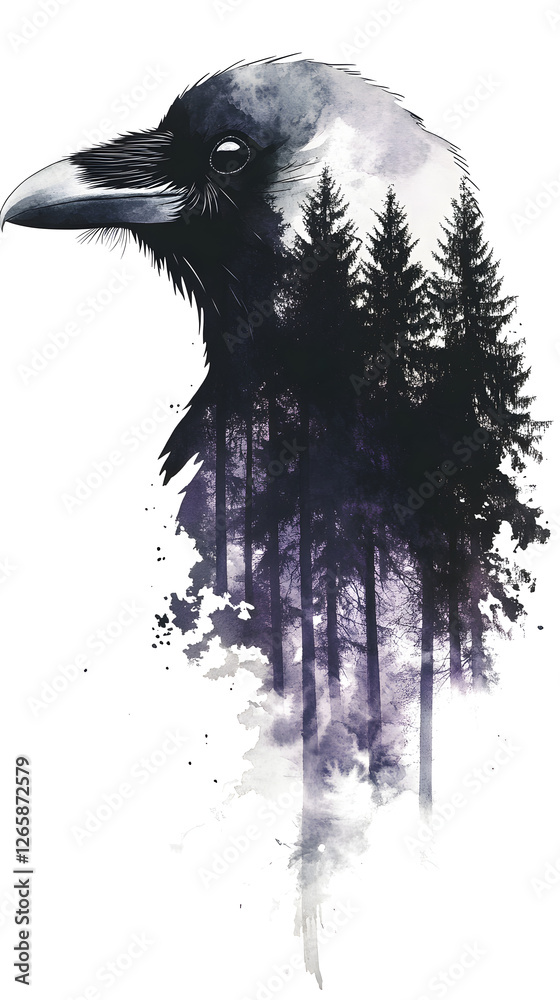 Fototapeta premium A double exposure of the silhouette of a crow filled with a forest 