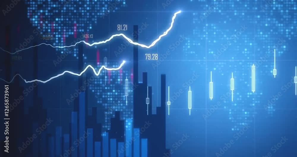 Stock market. Financial indexes. Visualizing Trends. Market Momentum. Concept of trading cryptocurrency assets & bitcoin. Candlestick Stock Market Visualization. Data prices. Financial background.