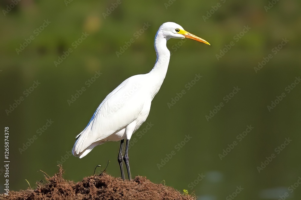 White Heron Standing on a Bank by a Body of Water White Heron Standing on a Bank by a Body of Water