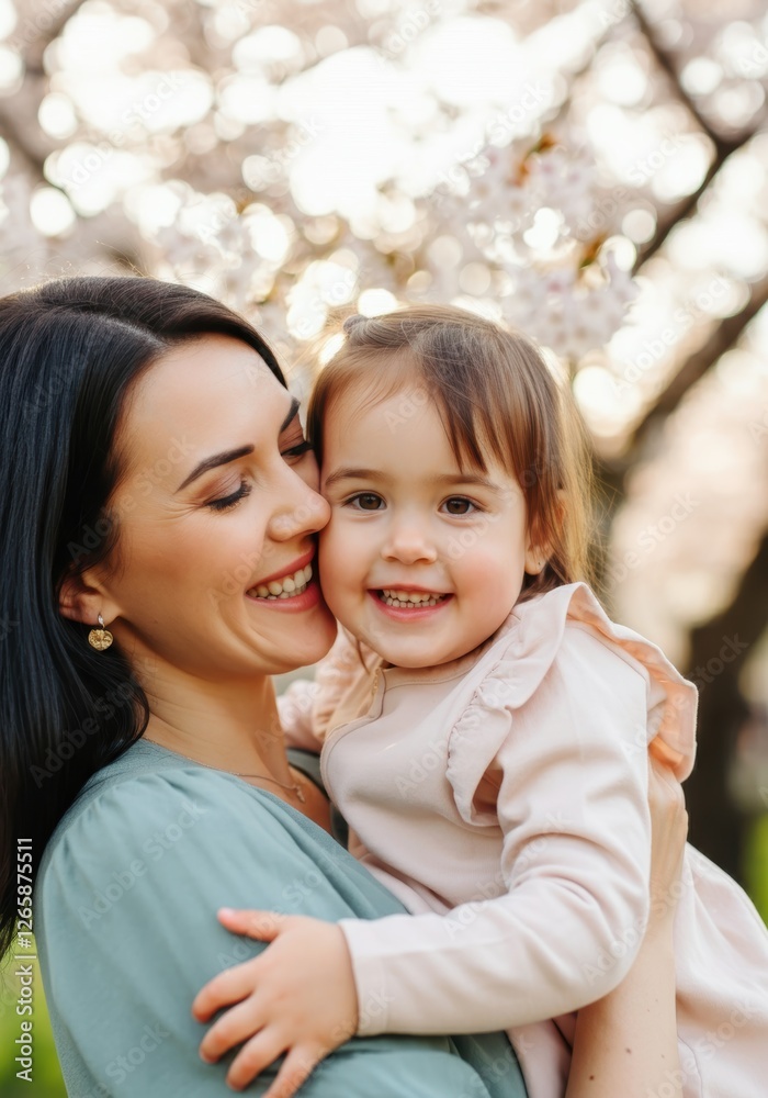 Smiling caucasian mother and daughter embracing in cherry blossom garden Smiling caucasian mother and daughter embracing in cherry blossom garden