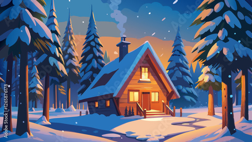 A cozy wooden cabin in a snowy forest during winter