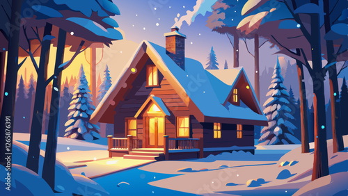  A cozy wooden cabin in a snowy forest during winter