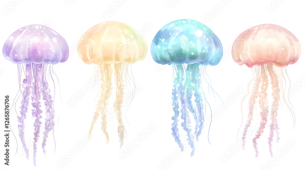 Fototapeta premium Watercolor, pastel rainbow jellyfish clipart on a white background 