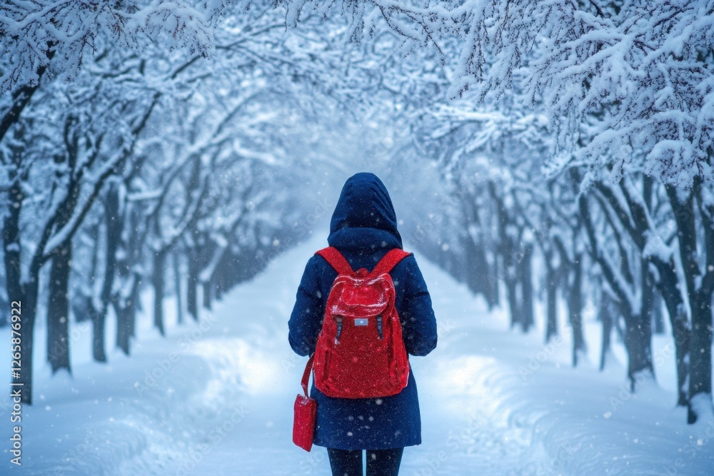 Individual explores a winter wonderland of snow-covered trees