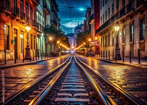 Lisbon Tram Tracks at Night: Illuminated Rails & Cityscape