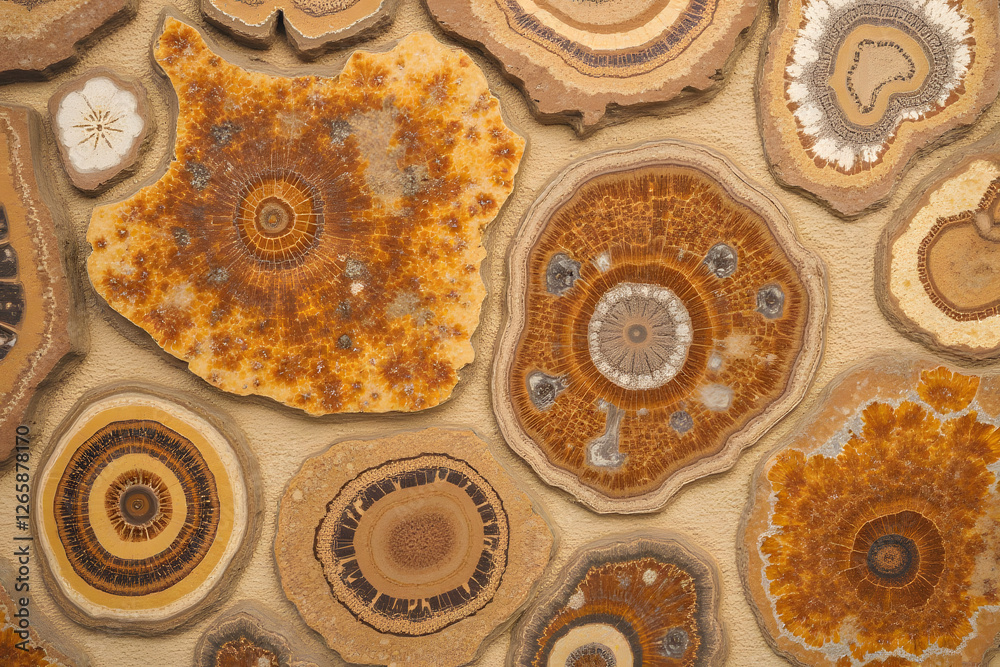 Close-up of orange stone slices with concentric circular patterns Close-up of orange stone slices with concentric circular patterns