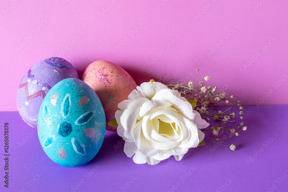 Easter eggs in pastel colors on pink and purple background. Copy space