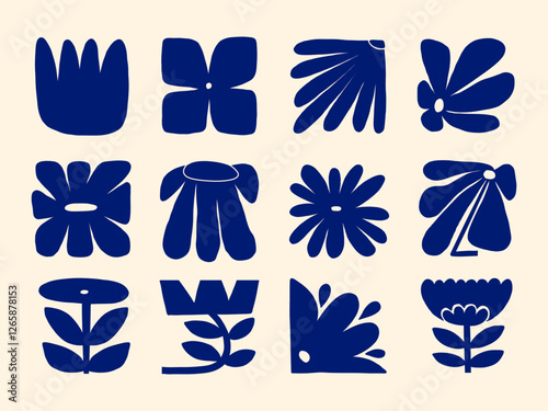 Bold Abstract Floral Cutout Shape. A collection of bold abstract floral cutout shapes in deep blue tones. These modern and organic botanical elements are perfect for contemporary designs