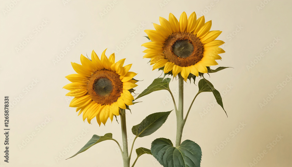 Bunch of sunflowers tilted towards each other in a corner of a cream pastel background Bunch of sunflowers tilted towards each other in a corner of a cream pastel background