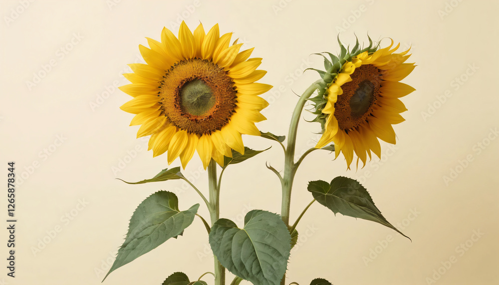 Fototapeta premium Bunch of sunflowers tilted towards each other in a corner of a cream pastel background